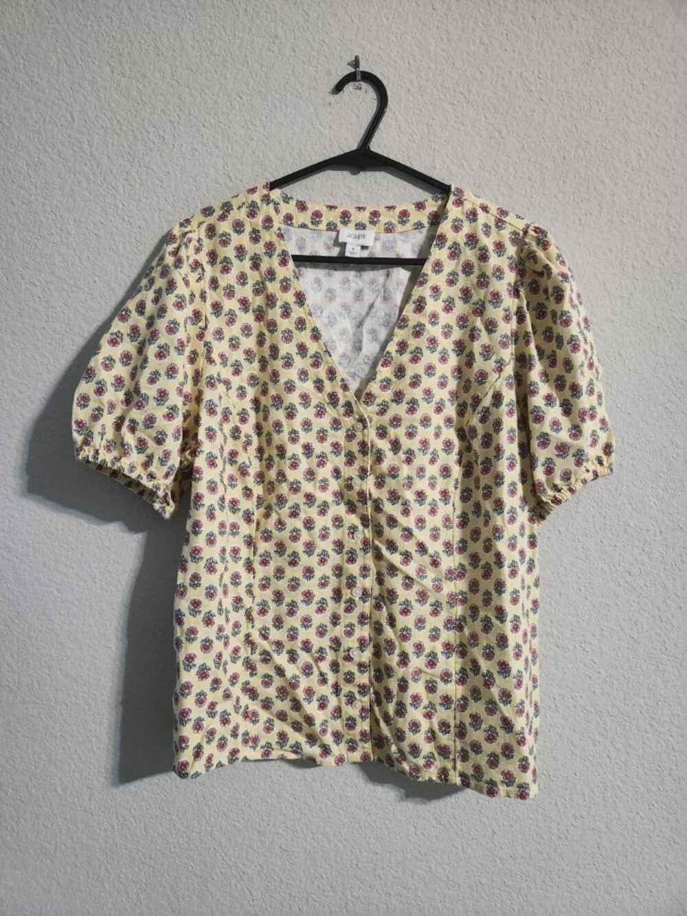 J. Crew Block-print Linen-Blend Button-Up S/S Top Yellow Floral Print size 8